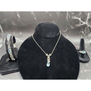 Aquamarine Stone Color set in Sterling Silver Heart and Butterfly Jewelry Set